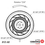 Rosenberg Fans Canada. Drawing:  ECOFIT Backward-curved AC Fan, 180mm. 115V. (L26-A6/2RREuB3 180x35R)