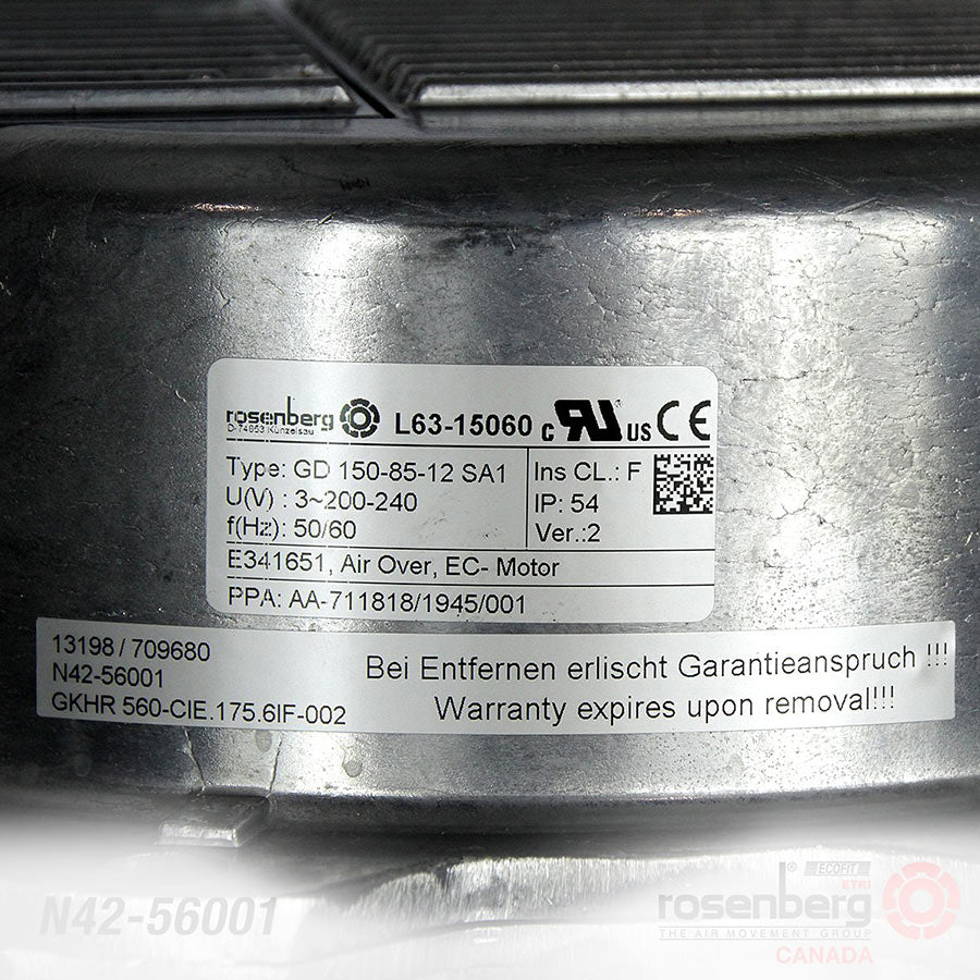Rosenberg EC-Plug Fan (ECM) with backward-curved impeller. Size: 560mm.  3.35 kW. (Model N42-56001 / Type: GKHR 560-CIE.175.6IF) – Rosenberg Canada