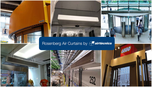 Rosenberg Air Curtains by Airtecnics installed in commercial and industrial spaces, providing energy efficiency and climate control solutions.