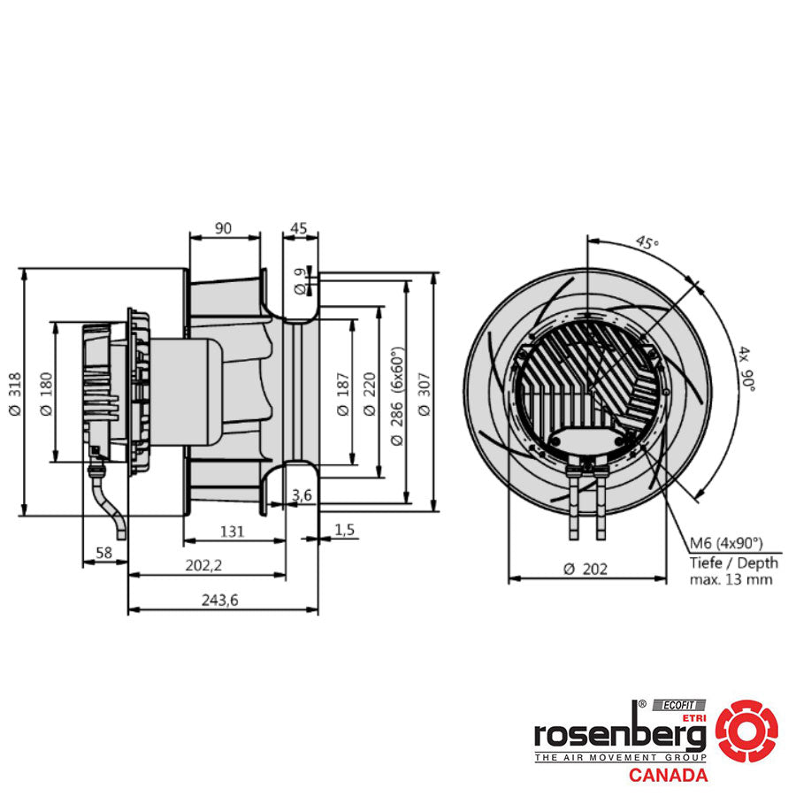 Rosenberg Plug EC Fan (ECM) with backward-curved impeller. (GKHR 