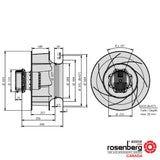 Tech drawings for Rosenberg's EC-Plug Fan with backward curved impeller. (ECM)  Type: GKHR 560-CIB.180.6IF IE Article-No.: N86-56300