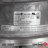 Specs plate for Rosenberg's EC-Plug Fan with backward-curved impeller. Type: GKHR 500-CIE.154.5HF. Article-No.: N42-50003